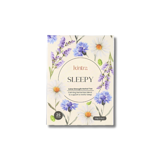 Kintra Sleepy herbal tea box featuring a cream-colored background decorated with purple lavender, white daisies, and blue cornflowers, with the brand name 'kintra' and product name 'SLEEPY' printed in the center.