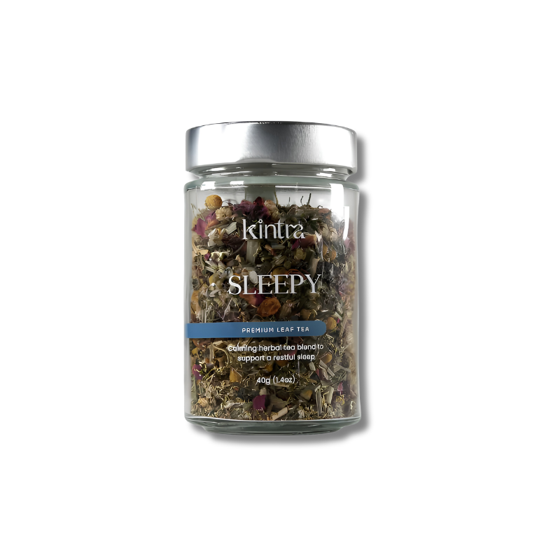 A glass jar of Kintz Sleepy Premium Leaf Tea with a silver lid, shown on a plain white background.