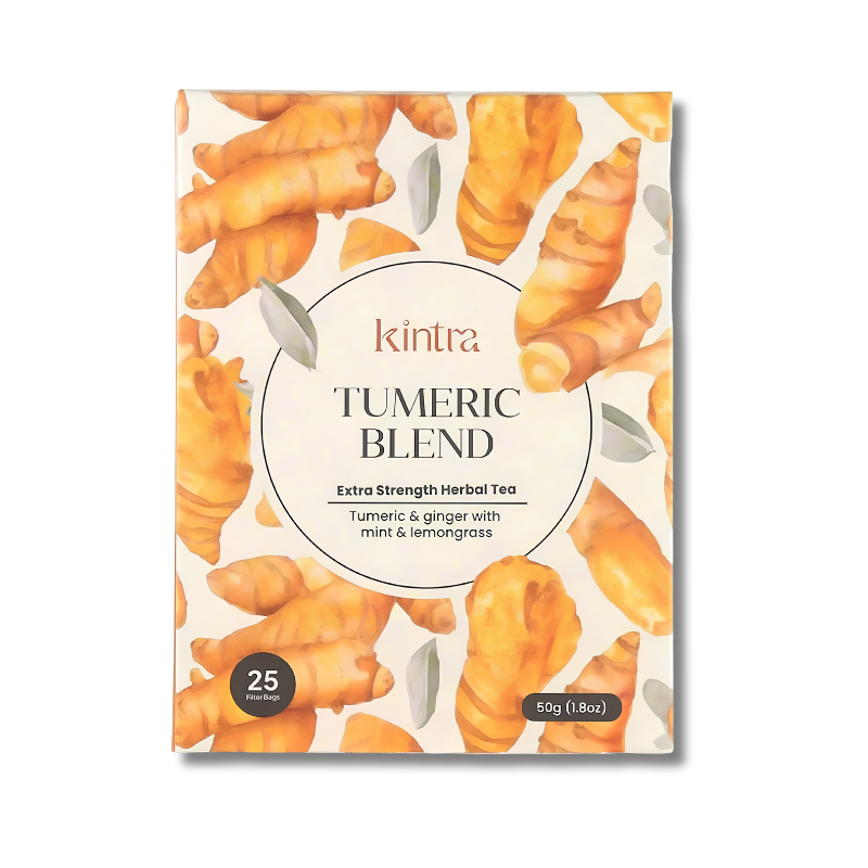Kintra Turmeric Blend herbal tea packaging, featuring a cream-colored box decorated with illustrations of golden turmeric roots and a central white oval label.