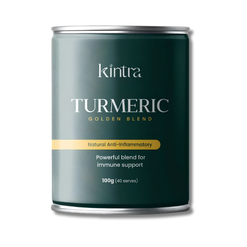 A canister of kintra Turmeric Golden Blend supplement, featuring a dark teal-green label with white and gold text, set against a plain white background.