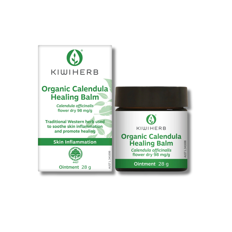 Kiwiherb Organic Calendula Healing Balm shown with its white and green product box and a matching white jar with a black lid on a plain white background.
