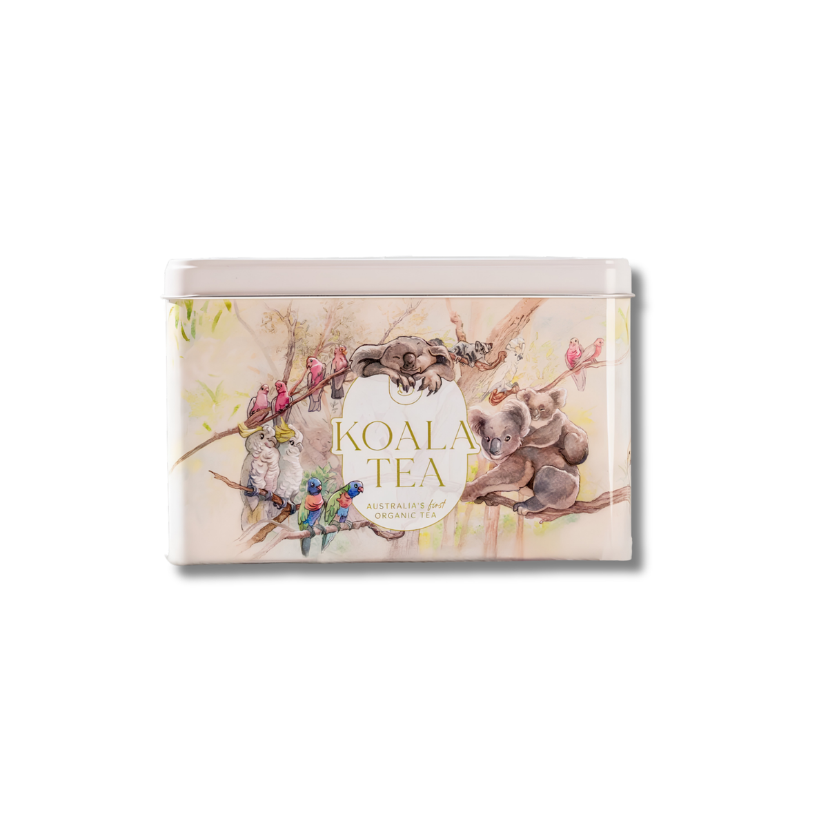 A rectangular tin of Koala Tea Australian & New Zealand Tea, decorated with a watercolor illustration of koalas, a cockatoo, and pink birds on branches.