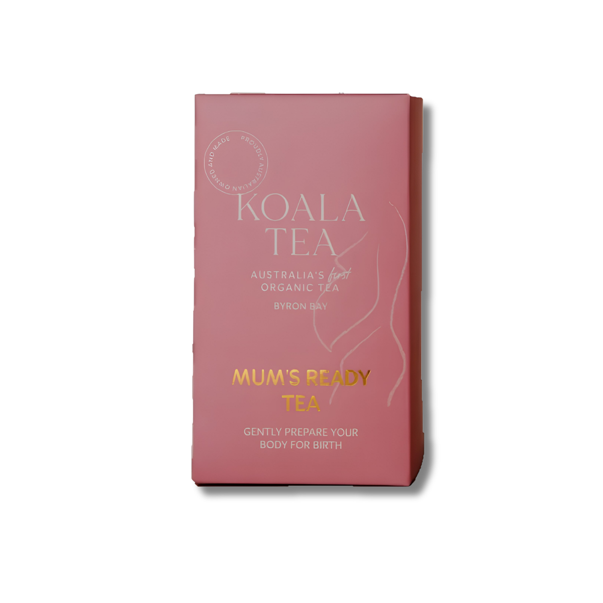 A pink rectangular box of Byron Bay Koala Tea, Mother's Ready Organic Tea, on a clean white background.
