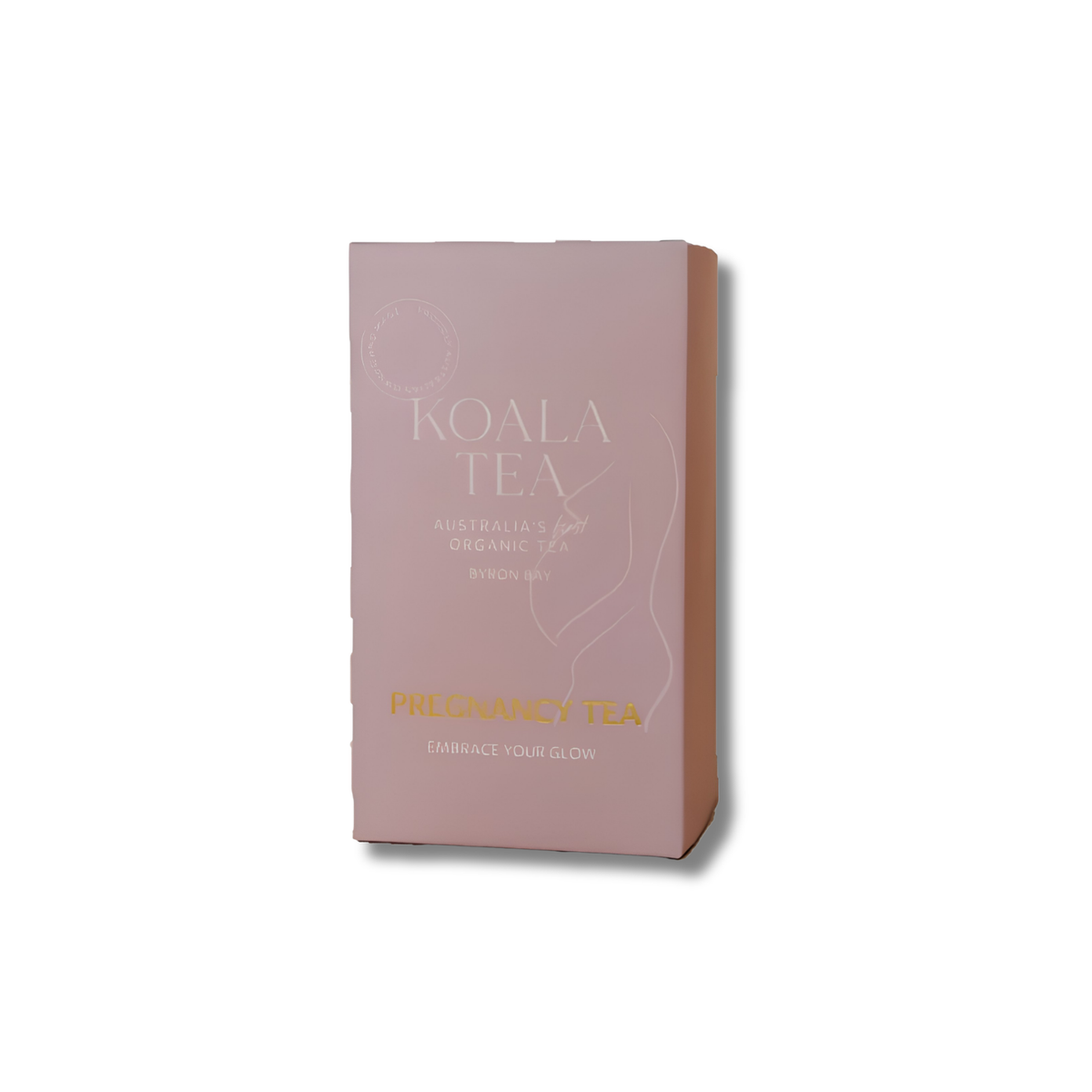 A pink rectangular box of Koala Tea Pregnancy Tea, featuring gold lettering and subtle white line art, set against a plain white background with a soft shadow.