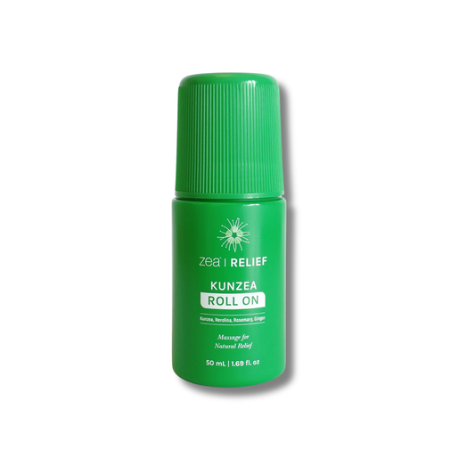 A green cylindrical roll-on bottle of Kunzea Relief Kunzea Roll On with white text and logo, set against a plain white background with a soft drop shadow.