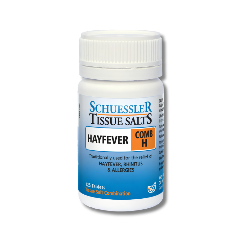 Schuessler Tissue Salts Hayfever Comb H bottle on a white background