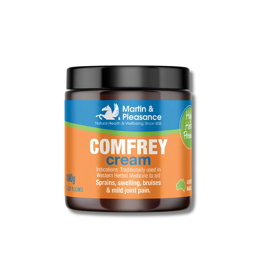 Jar of Comfrey cream with Martin & Pleasance branding on a white background