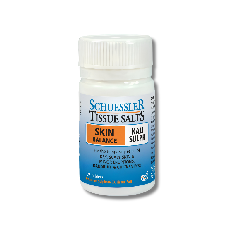 Bottle of Schuessler Tissue Salts Kali Sulph for skin balance on a white background
