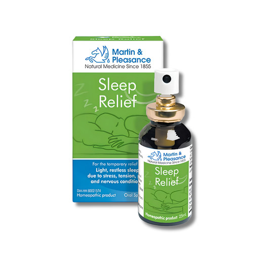 Sleep relief product with bottle and packaging on a white background