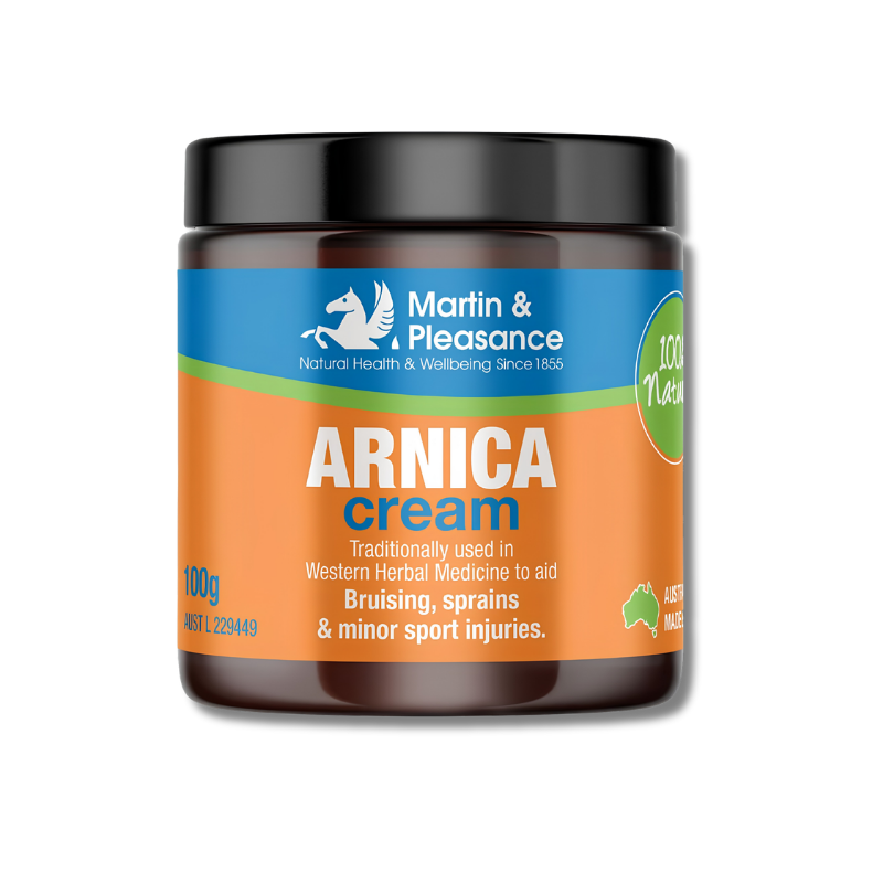 Jar of Arnica cream with Martin & Pleasance branding on a white background