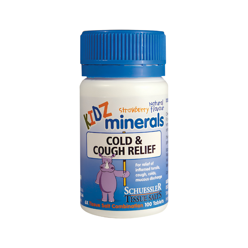 Bottle of KIDZ minerals for cold and cough relief on a white background