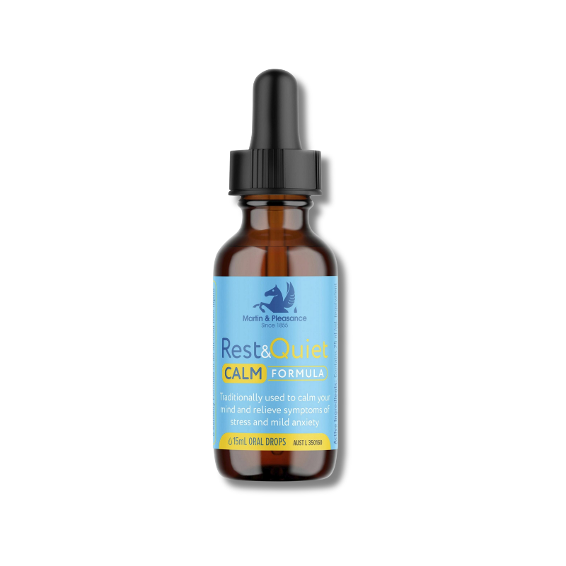 Bottle of Rest & Quiet Calm Formula on a white background