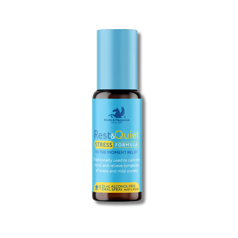 Blue bottle of Rest&Quiet Stress Formula on a white background