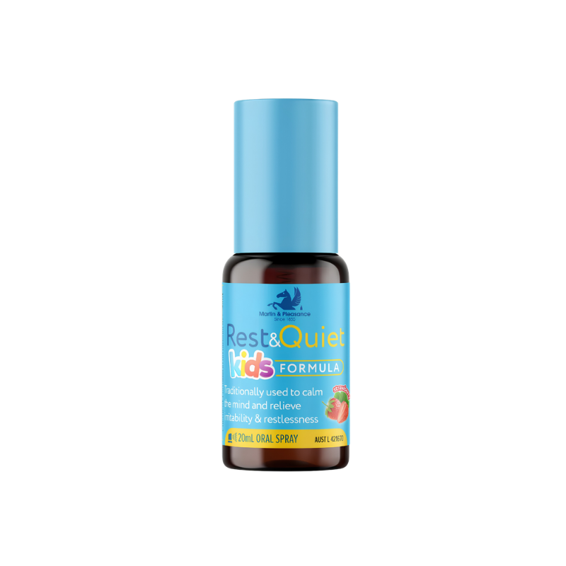 Bottle of Rest & Quiet Kids Formula on a white background