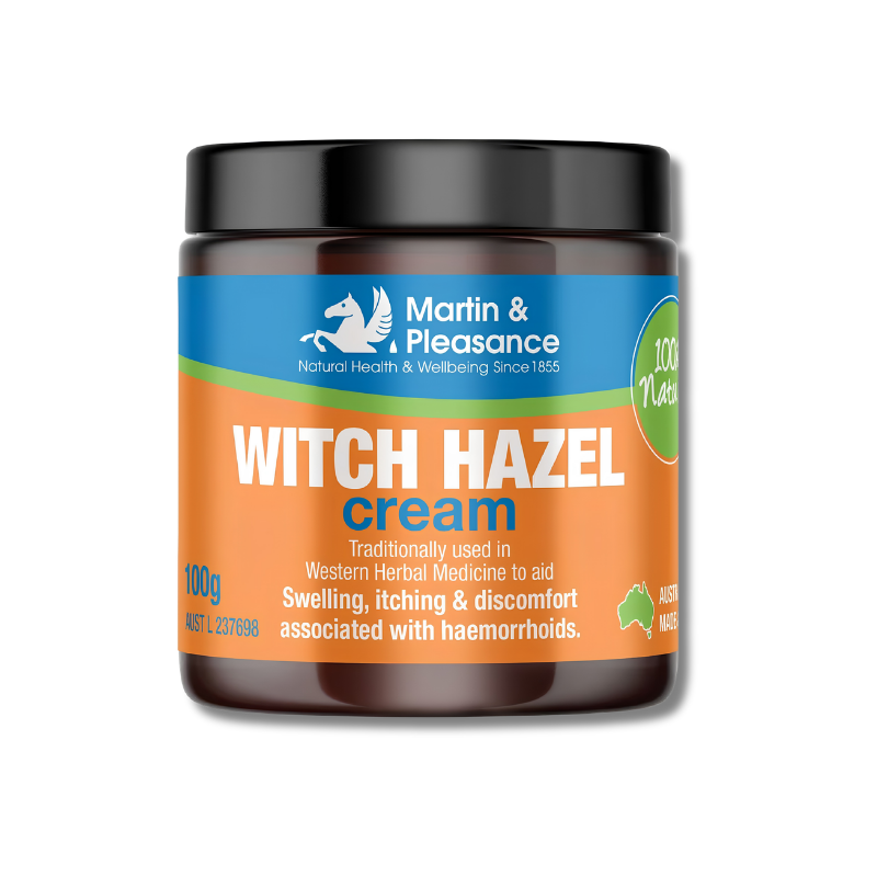 Jar of Witch Hazel cream with Martin & Pleasance branding on a white background