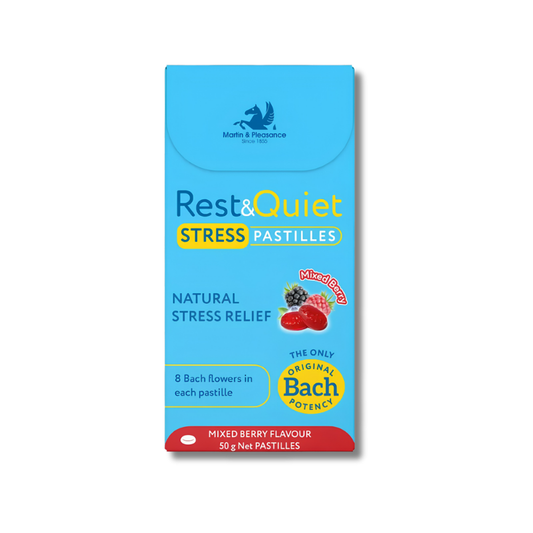 Pack of Rest & Quiet Stress Pastilles with blue packaging on a white background