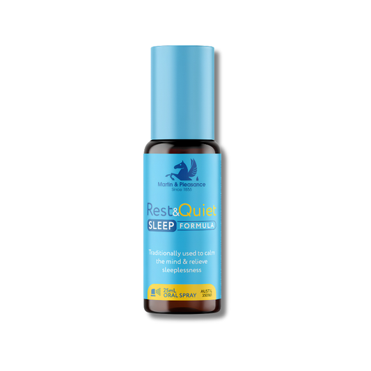 Blue bottle of Rest&Quiet Sleep Formula on a white background
