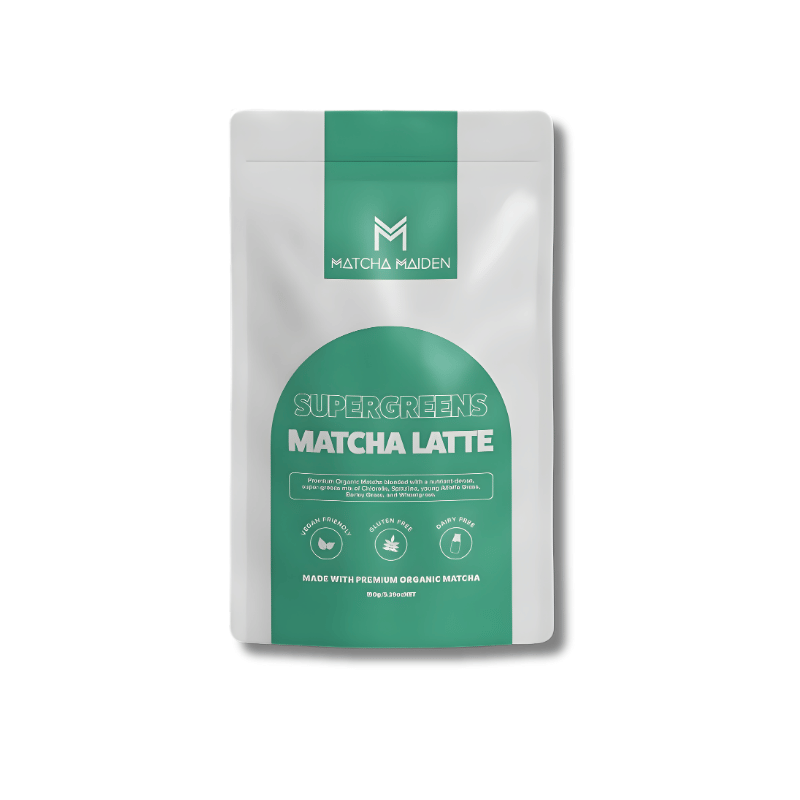 Supergreens matcha blend with chlorella, spirulina, and wheatgrass for clean energy, antioxidant support, and gut health-vegan and gluten-free.