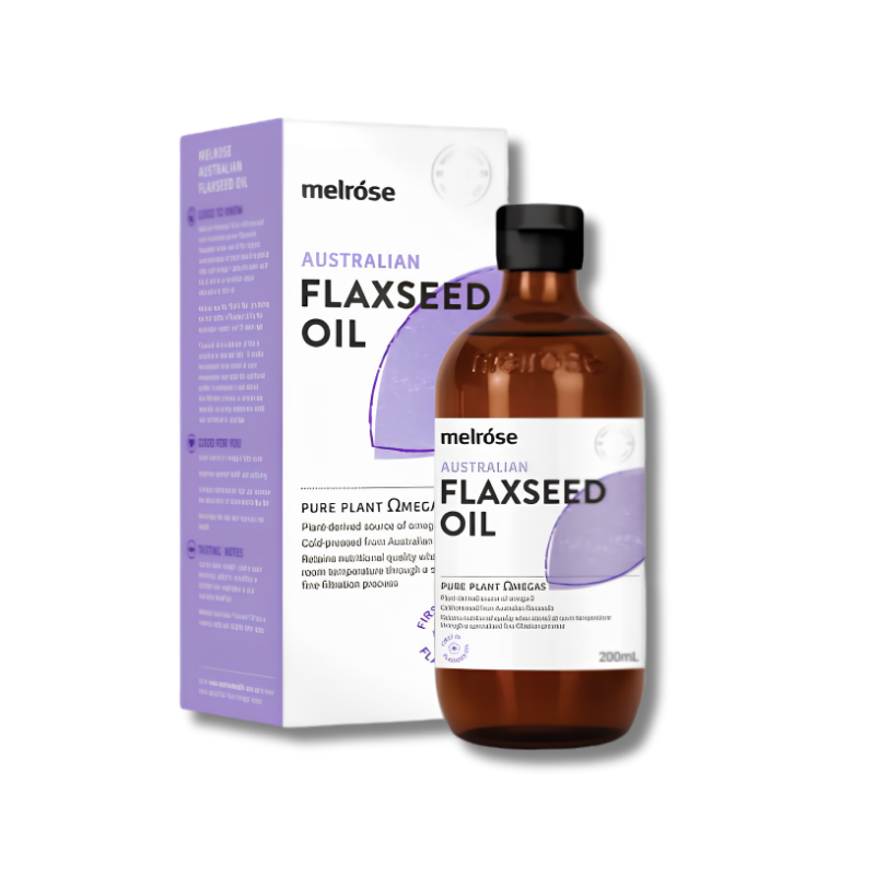 Melrose Australian Flaxseed Oil bottle and packaging on a white background