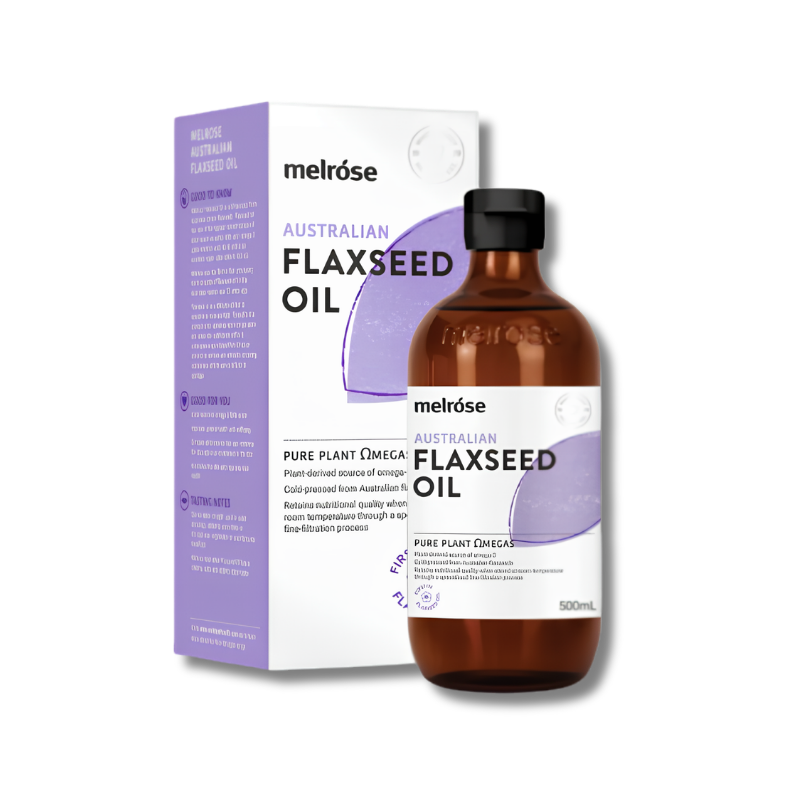 Melrose Australian Flaxseed Oil bottle and packaging on a white background