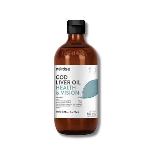 Bottle of melrose cod liver oil on a white background