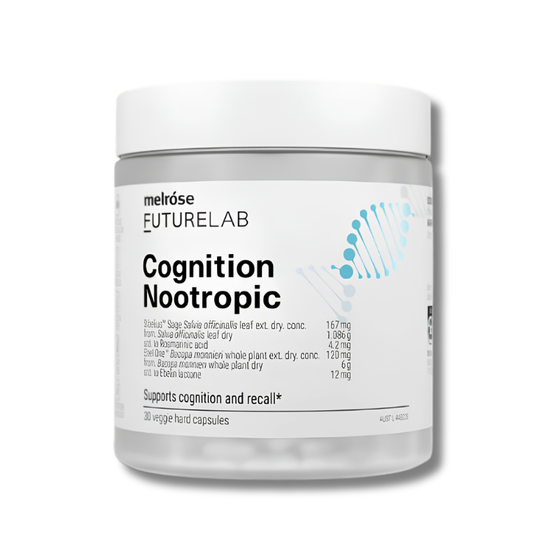 Cognition Nootropic supplement container with melrose Futurelab branding on a white background