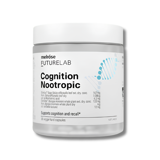 Cognition Nootropic supplement container with melrose Futurelab branding on a white background