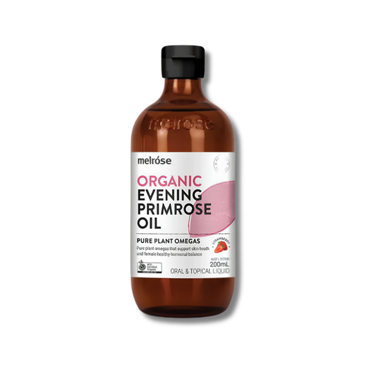 Bottle of melrose Organic Evening Primrose Oil on a white background