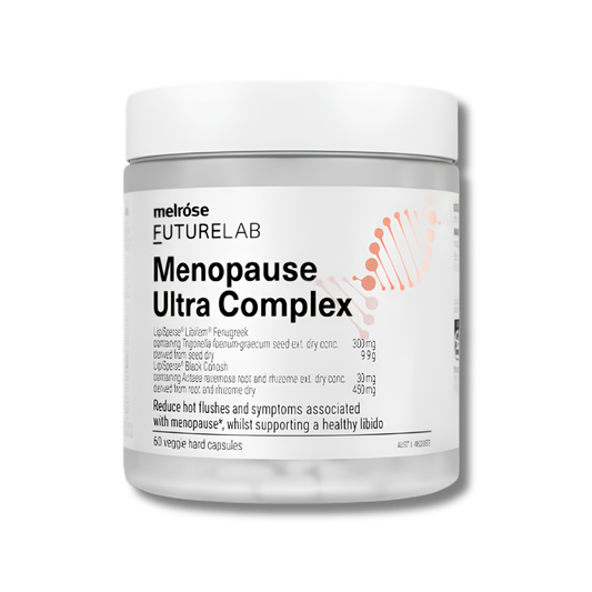 Melrose Futurelab Menopause Ultra Complex supplement container on a white background