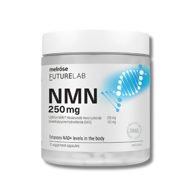 Melrose FutureLab NMN 250 mg supplement container on a white background