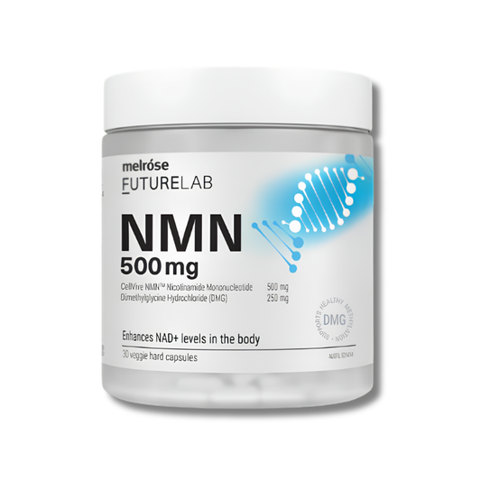Melrose FutureLab NMN 500mg supplement container on a white background