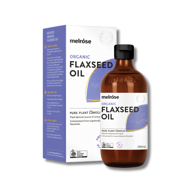 Melrose Organic Flaxseed Oil bottle and packaging on a white background
