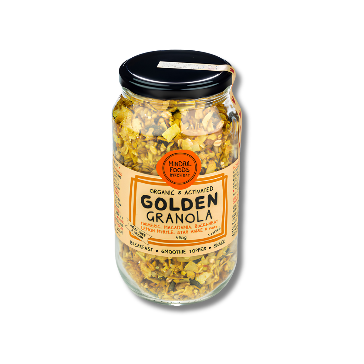 A glass jar of Mandar Food Products Organic & Activated Golden Granola, featuring golden-brown granola pieces inside, a cream-colored label with orange accents, and a black lid, set against a plain white background.
