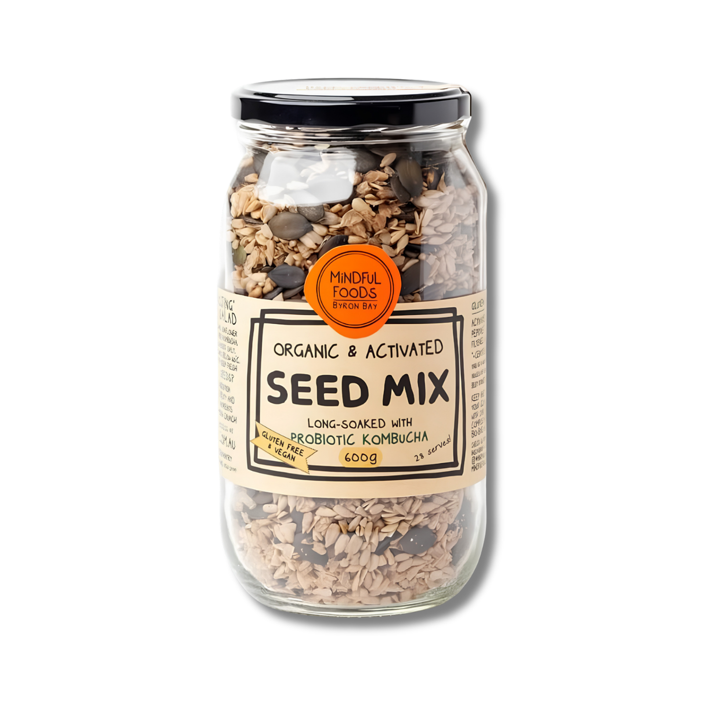 A glass jar of Mineral Foods London Organic & Activated Seed Mix, containing long-soaked grain and seed mix with visible sunflower and pumpkin seeds, topped with a black lid and a beige label.