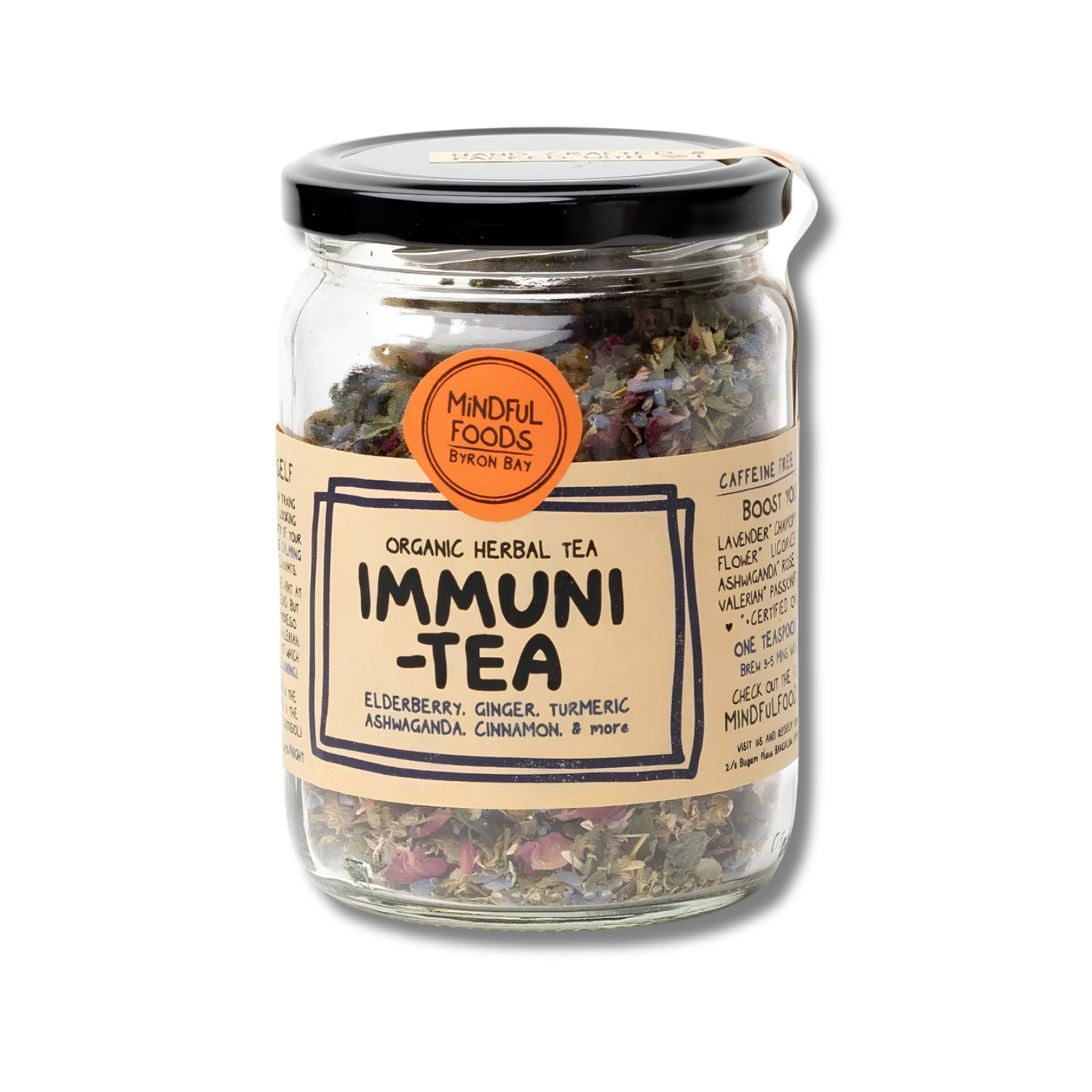 A glass jar of Mindful Foods Eden Bay Organic Herbal Tea Immuni-Tea, featuring a beige label with black text and an orange circular logo, sealed with a black lid on a white background.