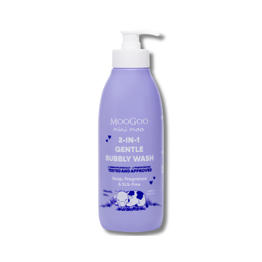 MooGoo Mini Moo 2 in 1 Gentle Bubbly Wash supports gentle cleansing and helps maintain soft hydrated skin