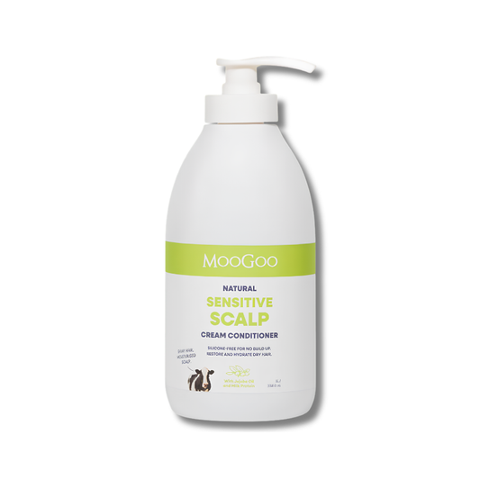 MooGoo Sensitive Scalp Cream Conditioner supports scalp comfort and helps maintain soft hydrated hair