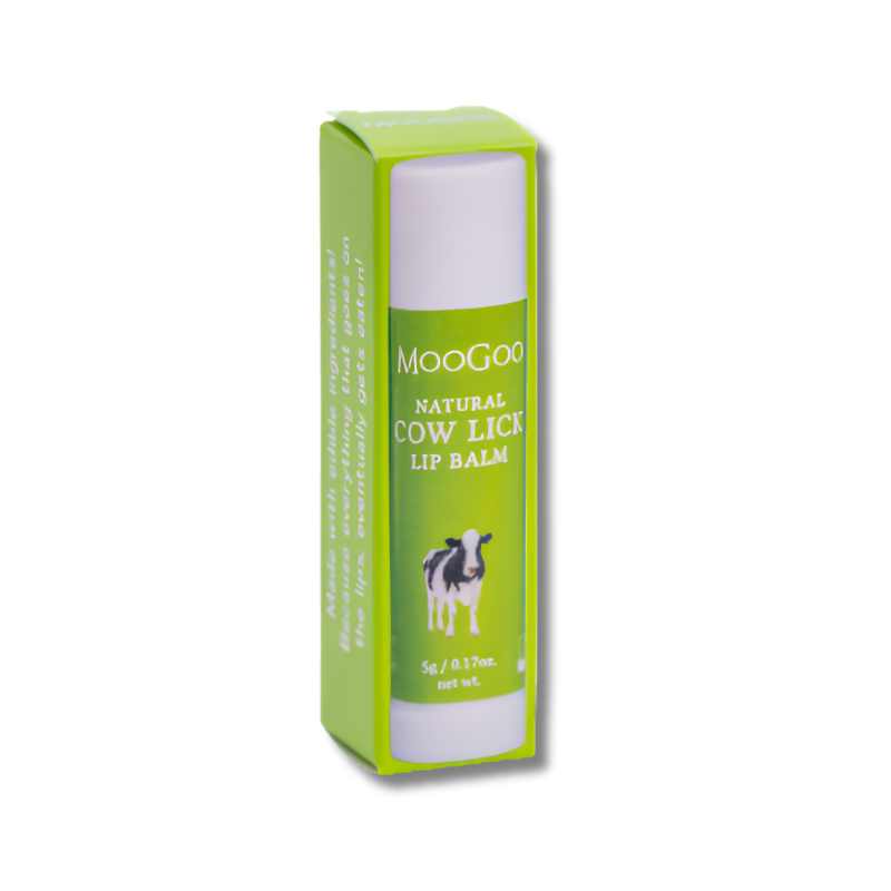 Green lip balm packaging with 'MooGoo' branding on a white background