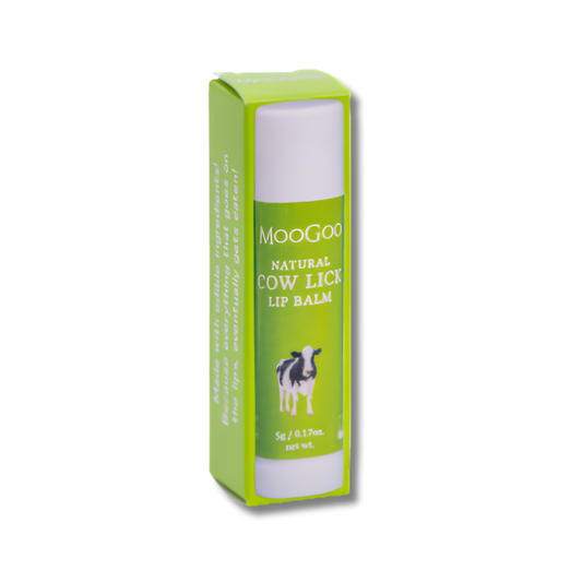 Green lip balm packaging with 'MooGoo' branding on a white background