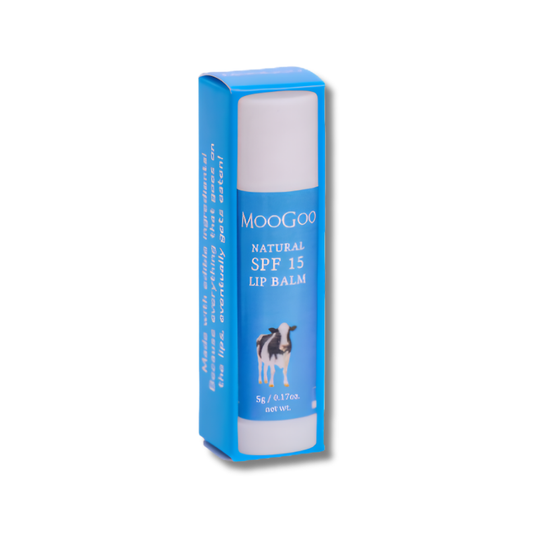 MooGoo Natural SPF 15 lip balm packaging on a white background