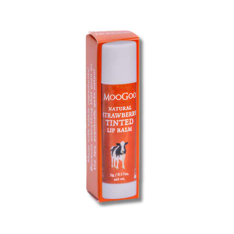 Moogoo natural strawberry tinted lip balm packaging on a white background