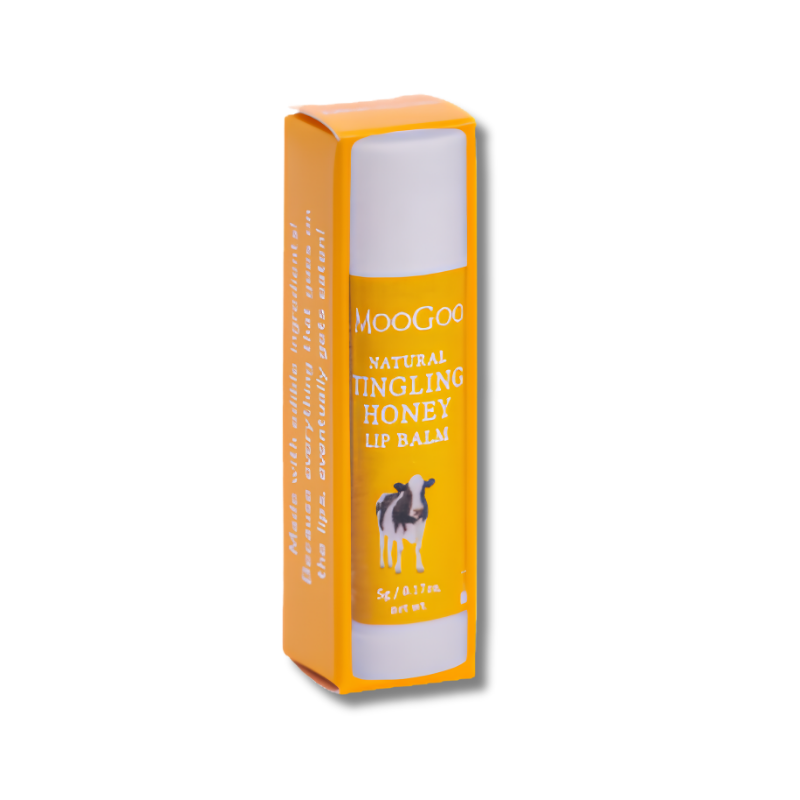 MooGoo Natural Tingling Honey Lip Balm packaging on a white background