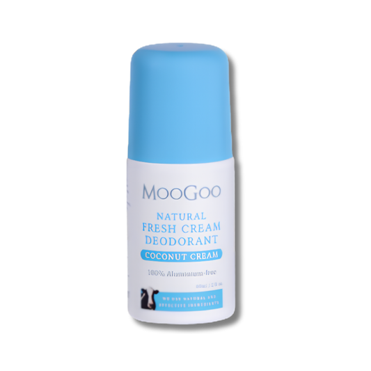 Moogoo natural fresh cream deodorant bottle on a white background
