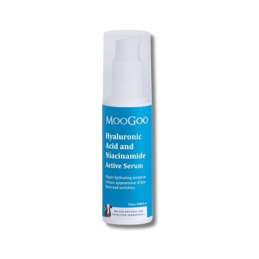 Moogoo Hyaluronic Acid and Niacinamide Active Serum bottle on a white background