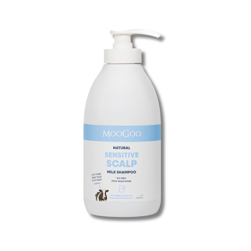 MooGoo sensitive scalp milk shampoo bottle on a white background