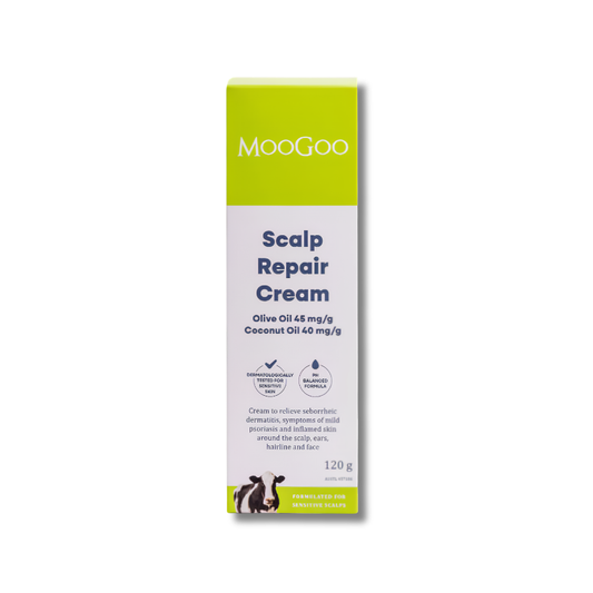 MooGoo Scalp Repair Cream supports scalp hydration and helps maintain comfortable healthy looking skin
