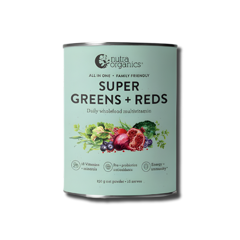 Nutra Organics Super Greens & Reds – nutrient-rich superfood powder with fruits and vegetables to boost energy and daily wellness.