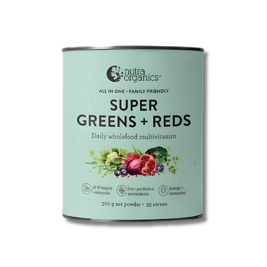 Nutra Organics Super Greens & Reds – nutrient-rich superfood powder with fruits and vegetables to boost energy and daily wellness.