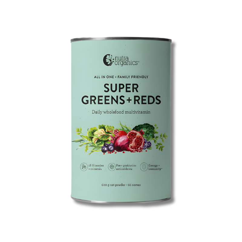 Nutra Organics Super Greens & Reds – nutrient-rich superfood powder with fruits and vegetables to boost energy and daily wellness.