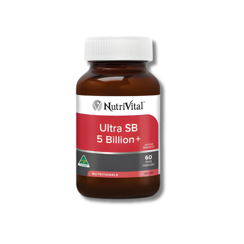 NutriVital Ultra SB 5 Billion capsules support digestive health as a daily probiotic supplement.